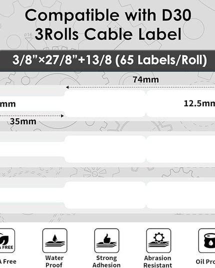 Phomemo D30 Thermal Cable Label Waterproof Wire Cord Labels, (12.5mm X 74mm) 65 Labels/Roll, Tags Stickers Tear Resistant Flexible, Phomemo d30 Label Tape -Black on White Paper, 3 Roll