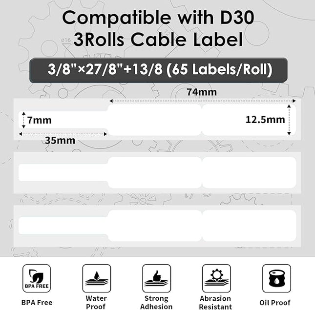 Phomemo D30 Thermal Cable Label Waterproof Wire Cord Labels, (12.5mm X 74mm) 65 Labels/Roll, Tags Stickers Tear Resistant Flexible, Phomemo d30 Label Tape -Black on White Paper, 3 Roll