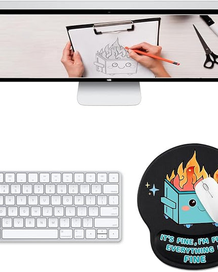 Cute Funny Ergonomic Mouse Pad Wrist Support, Dumpster on Fire Gel Mouse Pads with Wrist Rest, Comfortable Pain Relief Mousepad with Non-Slip PU Base for Gaming Work Desk Accessories Office Decor