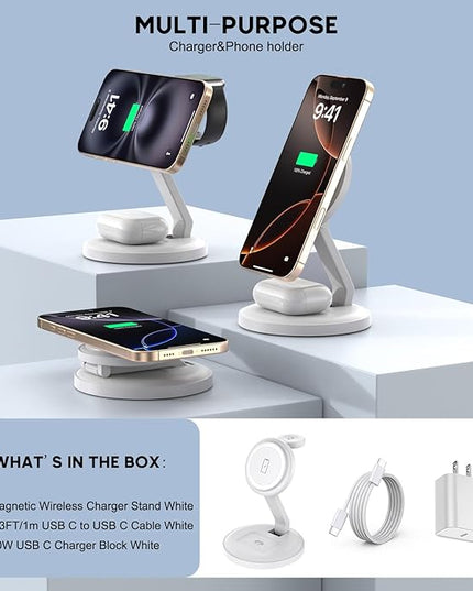 Charging Station for Apple Magnetic Wireless iPhone Mag-Safe Charger,15W 3in1 Foldable Wireless Dock Fast MagSafe Charger Stand for iPhone 17 Pro Max/16 Plus/16 ProMax/15/14/13,Apple Watch,AirPods Pro
