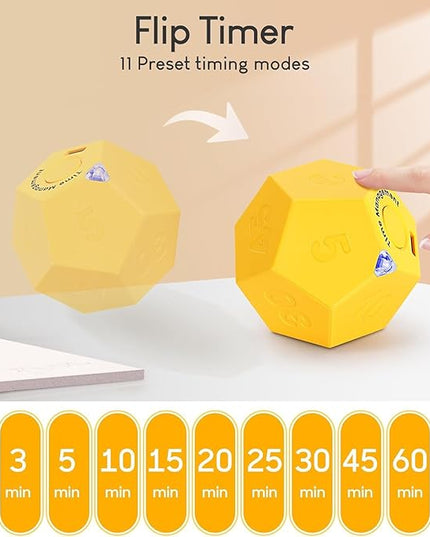 Mini 12 Sided Cube Timer, 11 Preset Times Pomodoro Timer for Enhanced Productivity. Ideal for ADHD Management, Workout, Study & Kitchen Cooking. Easy to Use (Yellow)