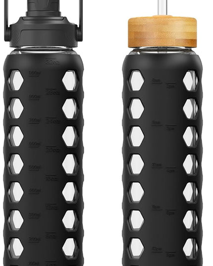 MUKOKO 32oz Glass Water Bottles with 2 Lids-Handle Spout Lid&Bamboo Straw Lid, Motivational Water Tumbler with Time Marker Reminder and Silicone Sleeve, Leakproof-Black-1 Pack