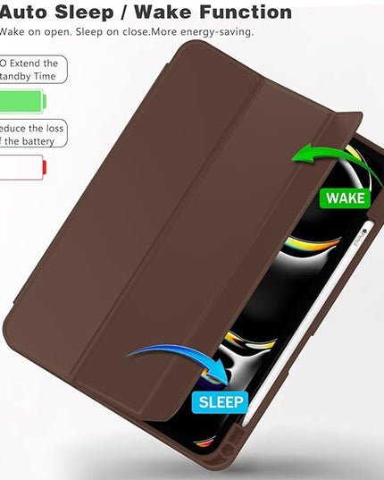 ZryXal iPad Pro 11 Inch Case (M5) 2025/ (M4) 2024 (Model: A2836/A2837/A3006), Trifold Stand Smart Cover with Pencil Holder and Soft TPU Back, Auto Wake/Sleep (Chocolate)