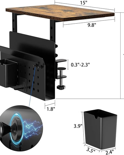 Desk Extender, Clamp On Desk Shelf Organizer, with Side Storage Steel Frame & 15 inch Wood Desktop Supplies Rack Clamp Mount Table Hanging Storage for Home Office Fits Flat Edge Tables 0.3" to 2.3"