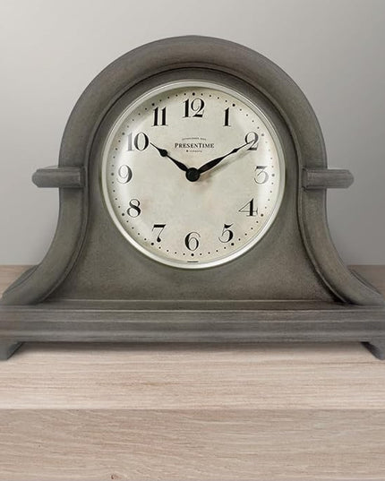 Presentime & Co. Mantel Clock Vintage Farmhouse Series, Napoleon Desk & Shelf Clock, 13 x 10 inch, Domed Lens, Quartz Movement, ABS Plastic Case, Gray Oak Finish (Home/Tabletop Decoration)