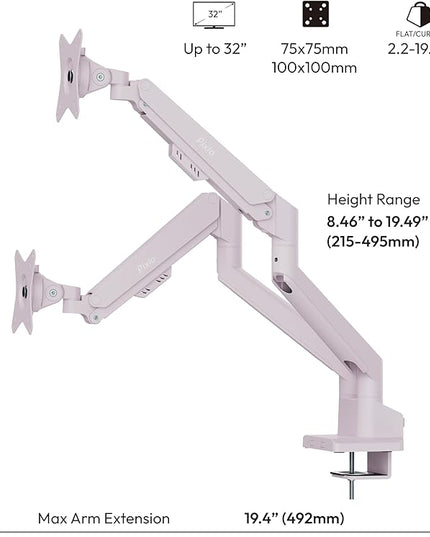 Pixio PS1D Wave Pink Dual Monitor Arm Stand Desk Mount - Fits up to 32 inches Monitors and up to 19.8lbs. VESA Compatibility and Integrated Cable Management