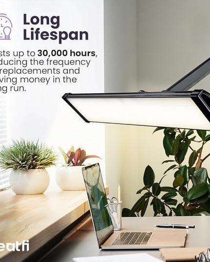 Neatfi LED Desk Lamp, 3,500 Lumens, 3 Light Modes, Dimmable, 45W, Touch Control, 26 Inch Wide Metal Shade, 540 SMD LEDs, Directional Lighting, Eye Caring Task Lamp (CCT with Clamp, Black)