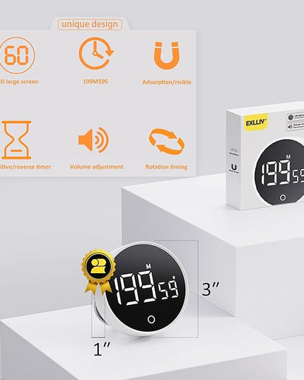 Digital Kitchen Timer, Rechargeable Magnetic Visual Timer with Large LED Display, Adjustable Volume for Classroom, Cooking, Fitness, Baking, Kids Learning & Teaching (1, White)