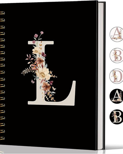 Lacama Cute Initial Letter L School Notebook Journal, Aesthetic Wildflower Personalized Black Spiral Notebook, School Supplies, Customized Monogrammed Gifts, Birthday Gifts for Women, Office Supplies
