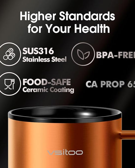 Vsitoo S3 Plus 14oz Heated Coffee Mug - Temperature Control Smart Mug with Mug Warmer, Auto-Sensing AI Heats Drinks to 120-150°F Hands-Free.Ideal for Home/Office/Gifts，Copper