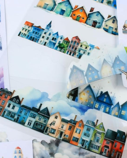 20 Sheets City Landscape Pre-Cut Journal Stickers Book for Journaling, Scrapbooking, Dual Transparent PET and Washi Stickers for Adults Junk Journals, Bujo, Collage, Planner, Album