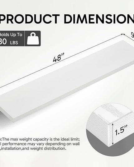 BAYKA Floating Shelves, 48 inches Long Heavy Duty Wall Mounted Rustic Wood Shelves for Bathroom, Bedroom, Living Room, Kitchen, Office, Hanging Shelf for Books/Storage/Decor(White,Set of 2)