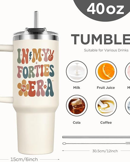 Shqiueos 40th Birthday Gifts for Women 40oz Tumbler with Handle and Straw Lid, 40 Year Old Gifts for Her, Mom, Friend, Sister, Daughter, 40s Birthday Decoration-In My Forties Era Cup Water Bottle