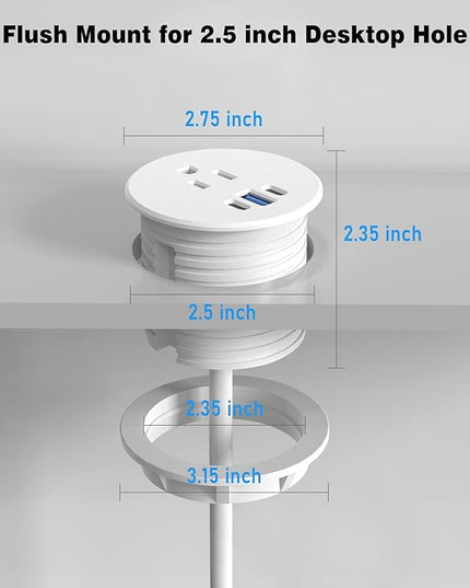 Desk Grommet Power Outlet, 2.5 inch Desktop Recessed Outlet with 20W Fast Charging USB-C Port, Flush Mount Outlet for Conference Rooms, Office Tables, Furniture (White, 10FT)