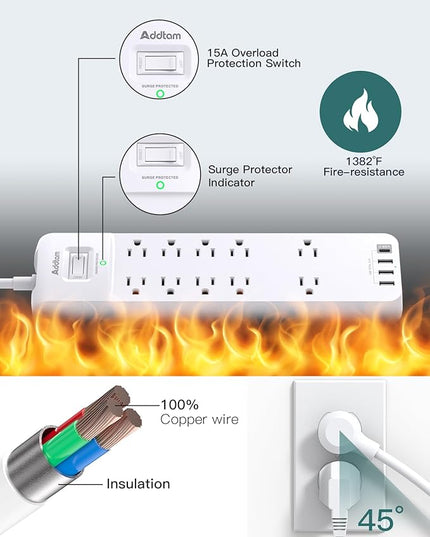 Power Strip, Addtam Surge Protector with 10 Outlets and 4 USB Ports, 6 Feet Extension Cord with Flat Plug, 2700 Joules, ETL Listed, White