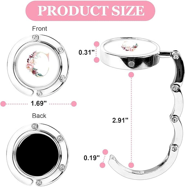 XSUIOY 3Pcs Personalized Initial Foldable Purse Hook for Table,Crushed Flower Letters Folding Purse Hanger,Purse Holder Handbag Hanger Collection Desk Table Bag Hooks Gifts for Women Bag(Pink-C)