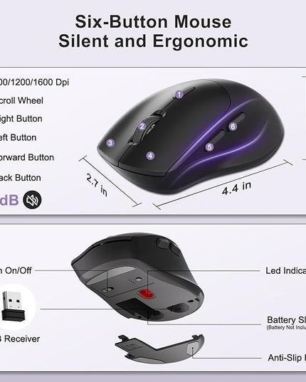 Wireless Keyboard and Mouse Combo, 2.4G Full Size Wave Keys Ergonomic Keyboard with Wrist Rest, Phone Holder, 3-Level DPI Wireless Silent Mouse with 6-Buttons, for Windows, Mac OS (Purple Black)