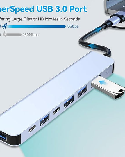 USB C Hub USB Hub Aluminum 7 in 1 USBC Dock with USB3.0 & USB2.0 Ports Extender Multiport Adapter for PC/Laptops/MacBook Pro/Air/iMac/iPad and More Devices
