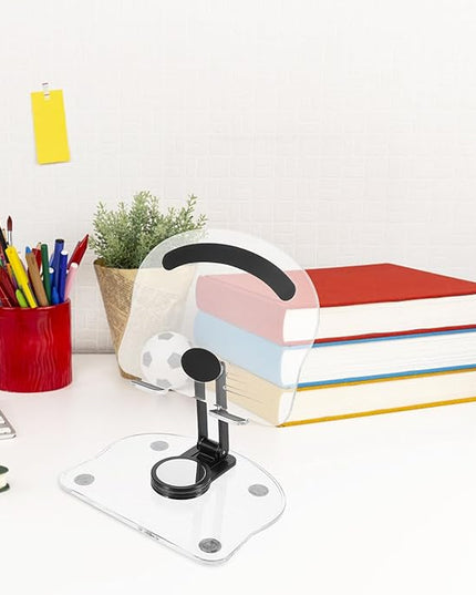 CONGARTENO Adjustable Acrylic Tablet Stand and Desktop Phone Holder for Desk Use, 360° Rotatable Foldable Dark Phone and Laptop Mount Compatible with iPad and Smartphones