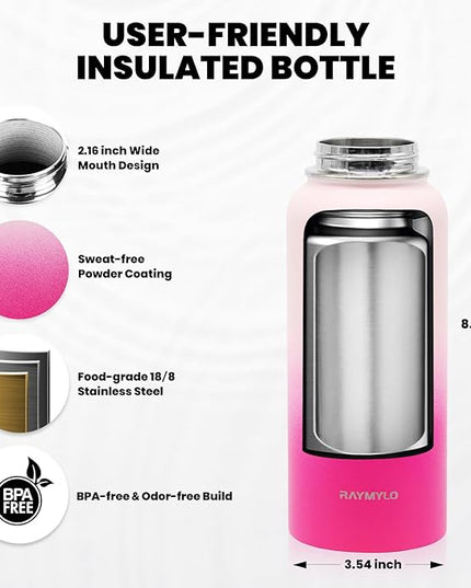 Insulated Water Bottle 32 oz, Triple Wall Vacuum Stainless Steel (Cold for 48 Hrs), Leak Proof & Non-BPA, Modern Water Flask Jug with Paracord Handle & Straw Spout Lids, Ombre Pink