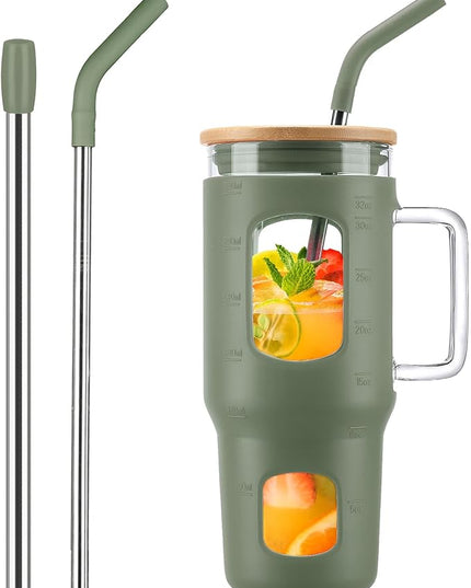 Glass Tumbler with Lid, 32 oz Glass Cup with Handle, Glass Water Bottles with Time Marker, 2 Straws - Pearl Straw & Silicone Protective Sleeve - Olive