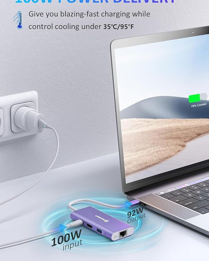 UtechSmart USB C Hub, Ethernet Multiport Adapter 6 In 1 USB C to HDMI Dock Compatible for Macbook Pro/Air, Chromebook, Dell XPS, HP and Type C Devices (Gigabit Ethernet 100W PD 4K HDMI USB 3.0) Purple