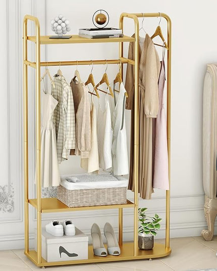 MAIKAILUN Gold Clothing Rack, 39“L Modern Industrial Clothes Rack for hanging Clothes with Top Rod and 3-Tier Shelves, Multi-functional Heavy Duty Garment Rack Cloest Organizer Coat Rack for Boutique