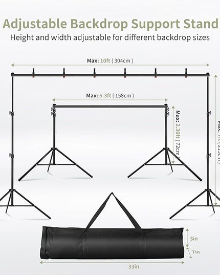 Backdrop Stand 10x7ft(WxH) Photo Studio Adjustable Backdrop Stand Kit Photography Backdrops with 4 Crossbars, 6 Clamps, 4 Spring Clip, 2 Sandbags and Carry Bag for Parties/Wedding/Photography