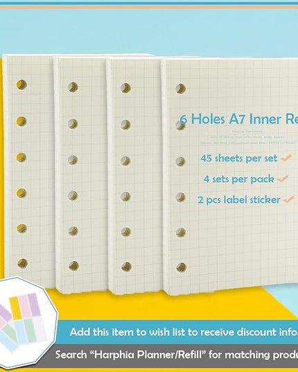 A7 Planner Refill,4 Pcs per Set, 360pages, Grid Mattrix Paper, with Label Stickers Gift,Mini Binder Refills,6 hole/100gsm Thick Paper/4.84 x 3.23'', Harphia