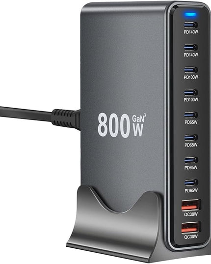 800W GaN3 10-Port USB-C Charging Station - Fast Charger for Laptops, Tablets, Smartphones, and More (Black)