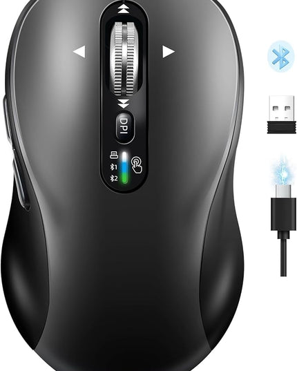 Wireless Bluetooth Mouse,Multi Device Ergo Computer Mouses,Metal 4-Way Super Scrolling,± 3200 DPI,10 Buttons,Plug&Play,Quiet,Rechargeable,USB Cordless Mice for Laptop,Tablet,Mac,iPad,PC,Phone (Grey)