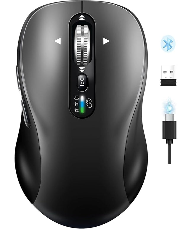 Wireless Bluetooth Mouse,Multi Device Ergo Computer Mouses,Metal 4-Way Super Scrolling,± 3200 DPI,10 Buttons,Plug&Play,Quiet,Rechargeable,USB Cordless Mice for Laptop,Tablet,Mac,iPad,PC,Phone (Grey)
