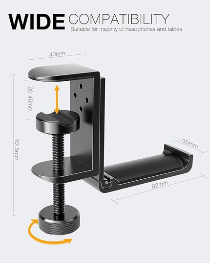 New Foldable Headphone Stand Hanger Holder Aluminum Headset Soundbar Stand Clamp Hook Under Desk Space Save Mount, Universal Fit Gaming Headphones, Black