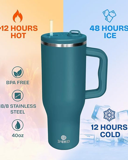34HD 40 oz Stainless Steel Tumbler - Leakproof Insulated Water Bottle with Handle, Magnetic Lid and Flexible Straw - Iced for 48 Hours – Perfect for Men, Women, Birthday Gift, Green - Teal Mirage