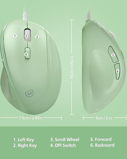 Micropack Ergonomic Mouse Wired for Laptop, PC Computer and Desktop, Ergo Mouse Vertical with Silent Clicks, Up to 3200 DPI Adjustable Mouse Sensitivity, Green