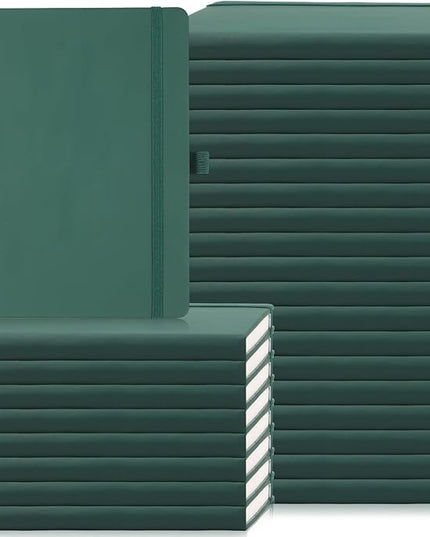 Laumoi 28 Pack PU Leather Lined Notebook Journal Bulk A5 Hardcover Notebook College Ruled 5.5 x 8.2 Inch Journal with Pen Holder for School Business Work Writing(Green,Simple)