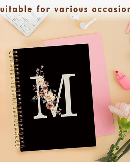 Lacama Cute Initial Letter M School Notebook Journal, Aesthetic Wildflower Personalized Black Spiral Notebook, School Supplies, Customized Monogrammed Gifts, Birthday Gifts for Women, Office Supplies