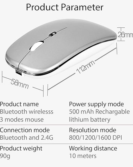 Q&F Tech Wireless Bluetooth Rechargeable Mouse/Mice, LED Slim Two Modes(2.4G+BT5.4) Silent/Quiet Buttons with 3 Adjustable DPI, for Computer/Desktop/PC/Laptop/MacBook/iPad/Tablet/iPhone_DeepGray