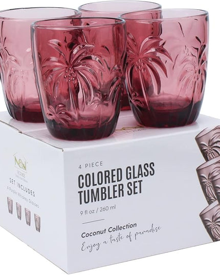 M&N HOME Colored Whiskey Glasses, Set of 4 Colorful Drinking Glasses, 9 Oz Coconut Cups, Glass Tumblers, Glass Cups for Water and Juice, Tiki Cups, Tropical Themed Glassware Set - PURPLE SET