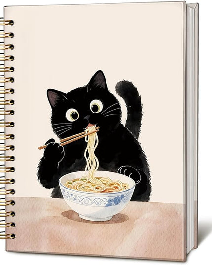 LIANHW Funny Black Cat Notebook, Cats Lover Gifts Notebooks for Note Taking, Cats Mom Lady Gifts Journal, Black Kitten Eat Noodles Journals for Writing, Cat Office Supplies, 5.5x8.3 Inch