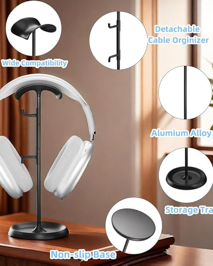 Headphone Stand for Desk, Headphone Holder with Cable Organizer Storage Tray Compatible for AirPods Max, Pro, Beats, Gaming Headset Stand. 【No Tools Required】 ME-2 (Black)