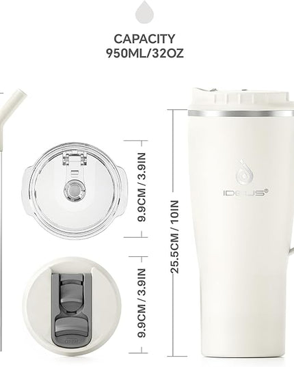 Ideus 32 oz Tumbler with Handle and Straw, Vacuum Insulated Stainless Steel Travel Mug, 100% Leakproof, Cup Holder Friendly, White