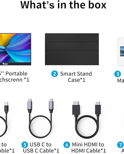 Yinker 15.6'' Portable Monitor Touchscreen, 1080P FHD 10-Point Touch Screen Monitor with Protective Magnetic Leather Cover & Speakers, USB-C Travel Monitors for Laptop, Phone, PC, Switch