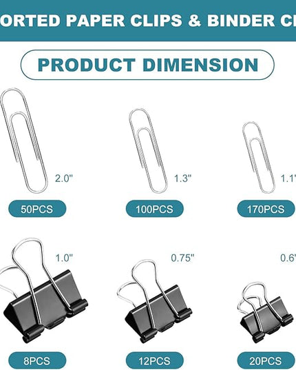 360 Pcs Paper Clips and Binder Clips Assorted Sizes, Large Medium Small Size Silver Paper Clips & Black Binder Clips with Container, for Office, Home, School Supplies