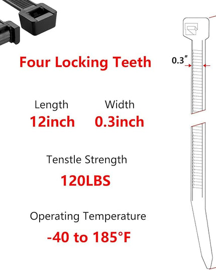 12 Inch Heavy Duty Zip Ties, 0.3 Inch Wide 120LBS Tensile Strength, Self-Locking Black Nylon Cable Ties for Outdoor Indoor Use, Home Office Garden Automotive Wire Cord Management,by VIKTONIK