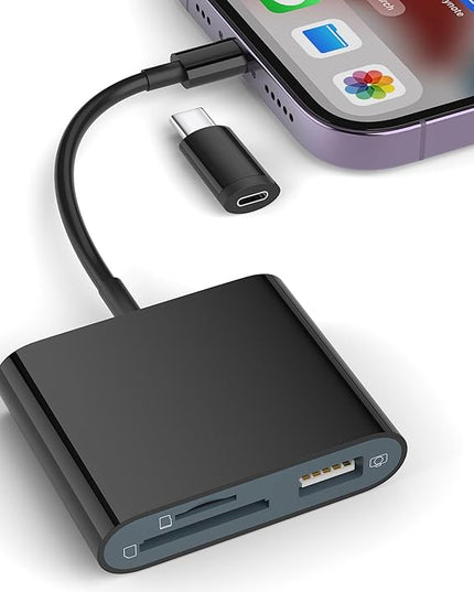 SD Card Reader for iPhone, Memory Card Reader with USB-C to Light-ning Adapter Plug and Play Trail Game Camera Micro SD Card Viewer Support SD/TF Card and USB for iPad No App Required (Black)