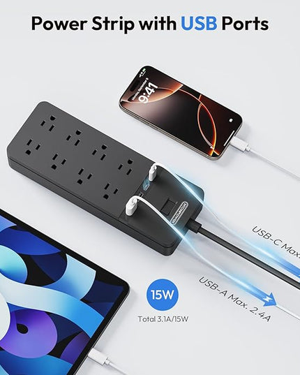 25 ft Extension Cord Flat Plug, NTONPOWER 8 Outlet Surge Protector Power Strip with 4 USB Ports(2 USB C), 15A Circuit Breaker, Wall Mount Surge Protector for Home, Office, Workbench or Garage,Black