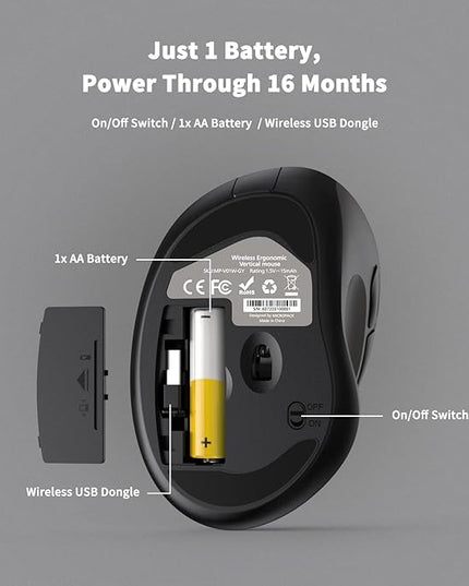 Ergonomic Wireless Mouse with USB Receiver for PC Computer, Laptop and Desktop, Ergo Vertical Mouse with Silent Clicks Long Battery Life, Up to 1600 DPI & 1 AA Battery Powered, Grey