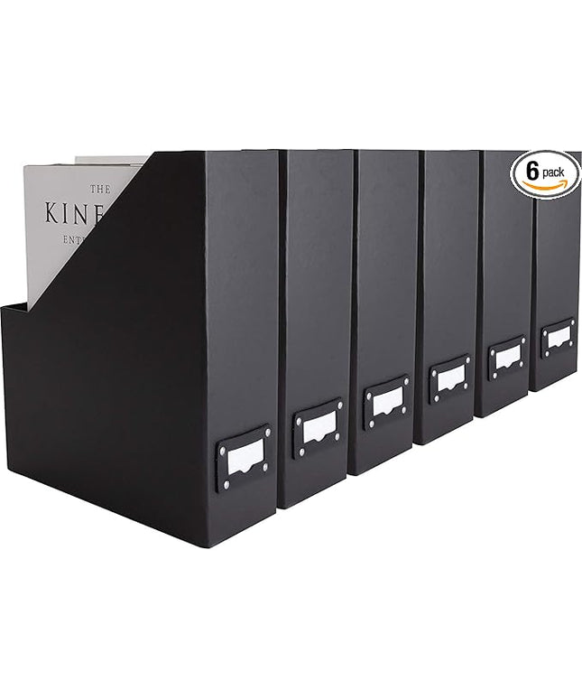 BLU MONACO Foldable Black Magazine File Holder – Set of 6 | Cardboard Desk File Organizer Boxes with Leather Label Holders | Vertical Magazine Storage for Office, Classroom & Home