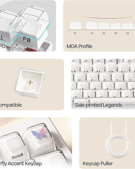 EPOMAKER Lusterfly Jelly Keycaps Set - 123 Keys Double-Shot Laser Engraved, MDA Profile, ABS+PC, Non-Shine-Through, MX-Compatible for 61/68/84/87/98/100/104-Key Mechanical Keyboard (White)